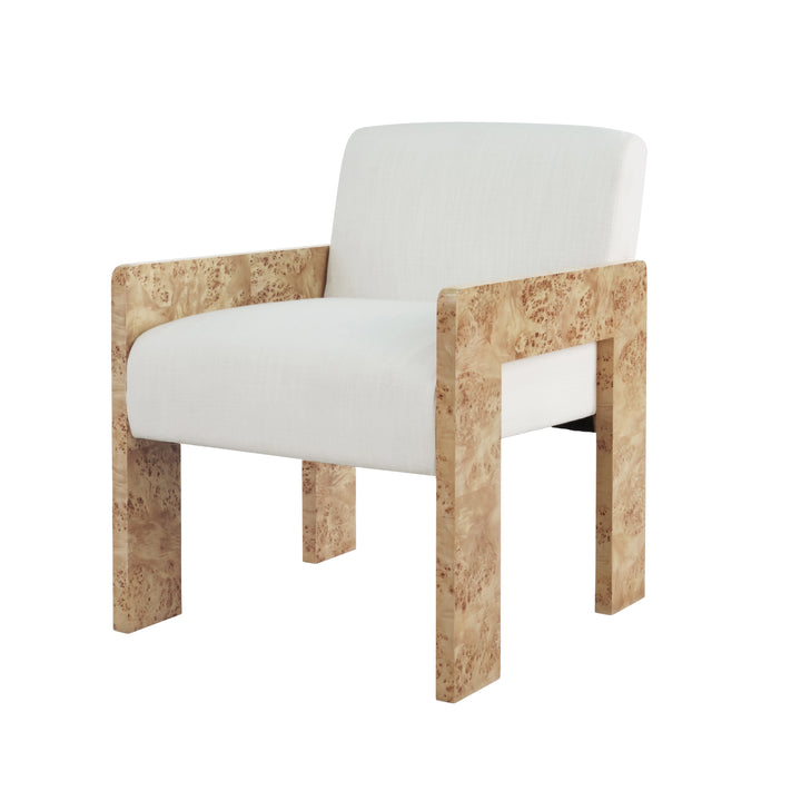 Square Arm Wooden Accent Chair In Burl Wood With Performance White Linen Upholstery - ASTOR BW