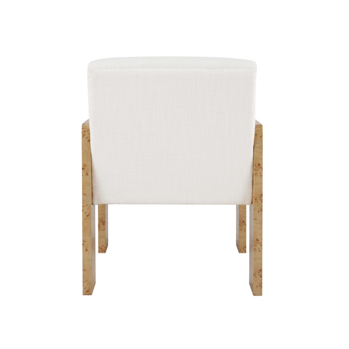 Square Arm Wooden Accent Chair In Burl Wood With Performance White Linen Upholstery - ASTOR BW