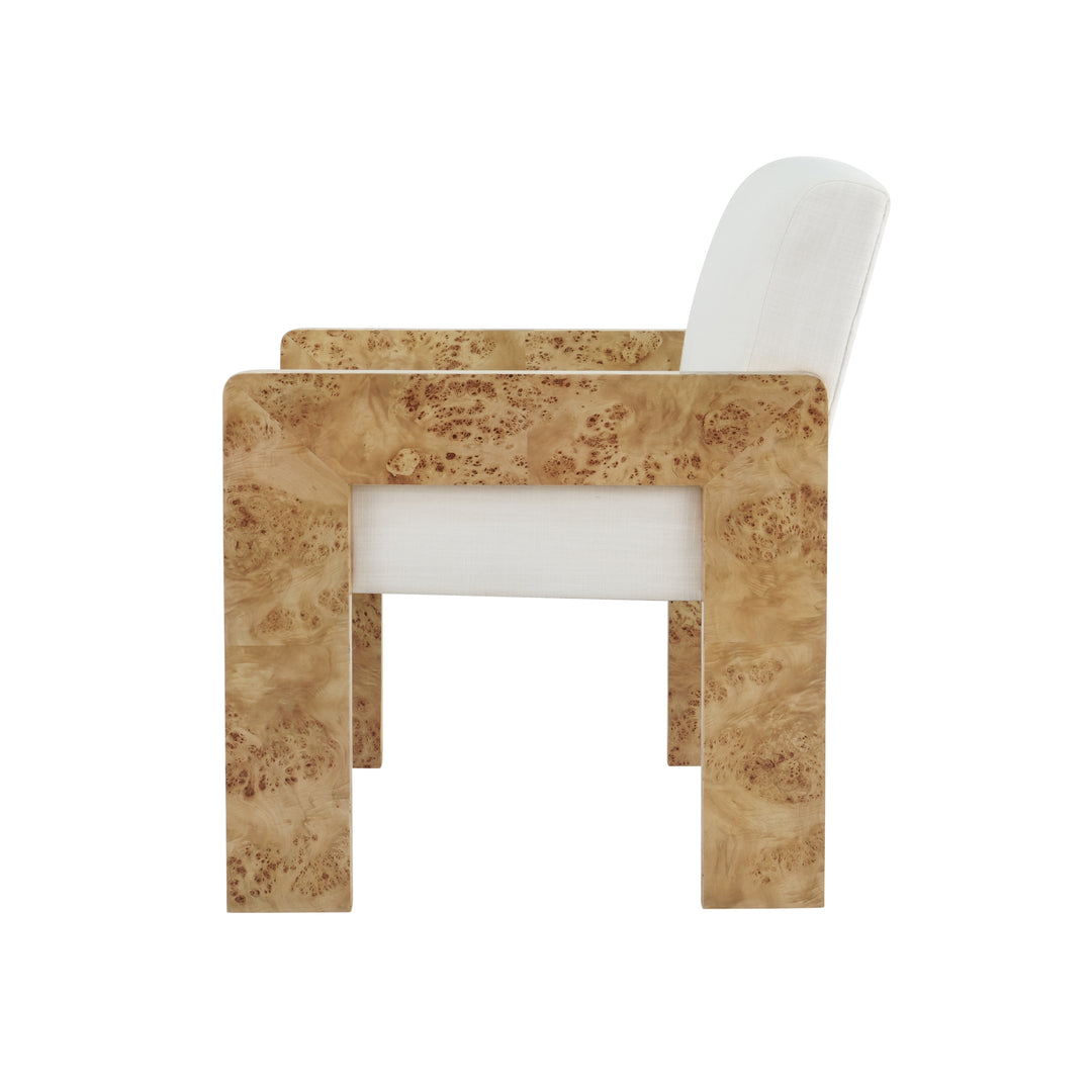 Square Arm Wooden Accent Chair In Burl Wood With Performance White Linen Upholstery - ASTOR BW