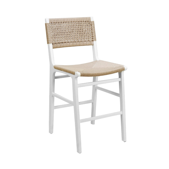 Woven Back Counter Stool With Rush Seat In Matte White Lacquer - ASTRID WH