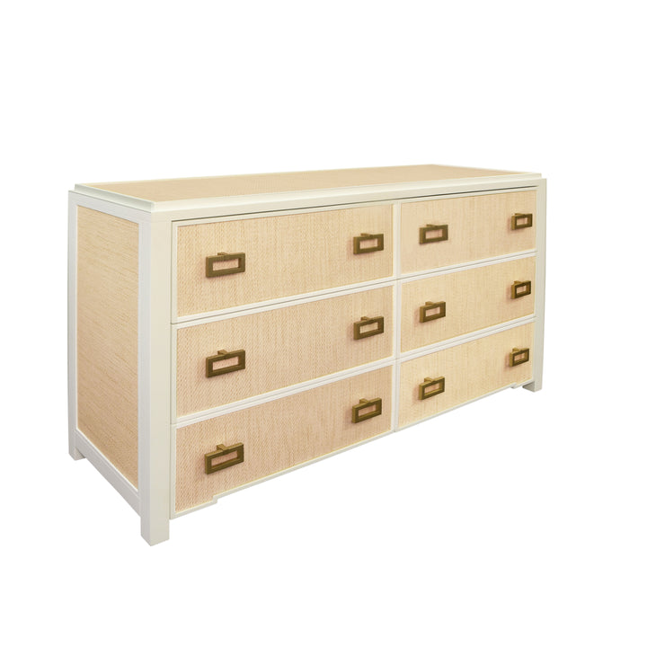 Six Drawer Chest With Matte White Lacquer Frame And Natural Grasscloth Drawer Fronts - ATTICUS NAT