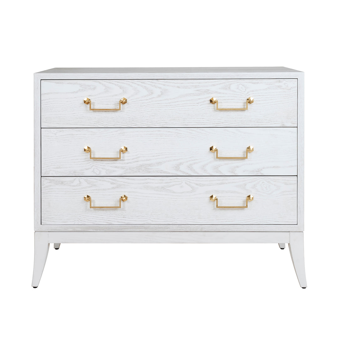 Sabre Leg 3 Drawer Chest With Brass Swing Handle In White Washed Oak - AVIS WWO