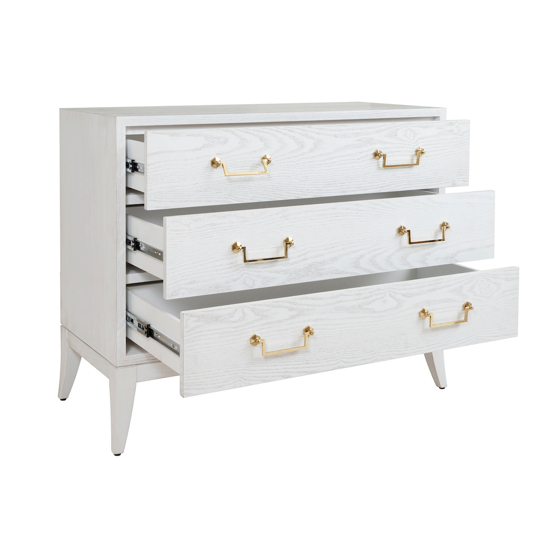 Sabre Leg 3 Drawer Chest With Brass Swing Handle In White Washed Oak - AVIS WWO