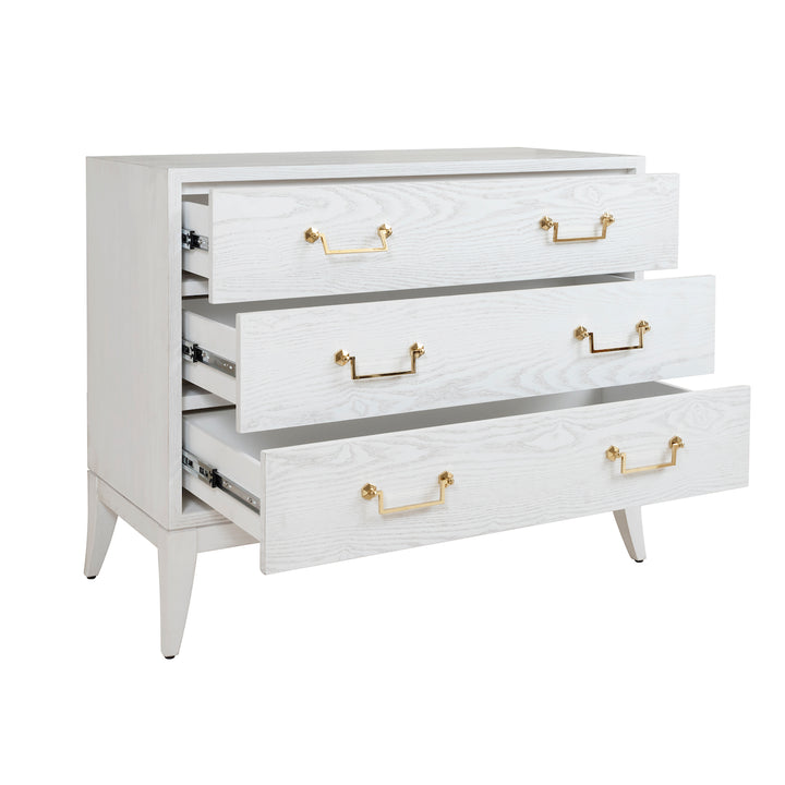 Sabre Leg 3 Drawer Chest With Brass Swing Handle In White Washed Oak - AVIS WWO