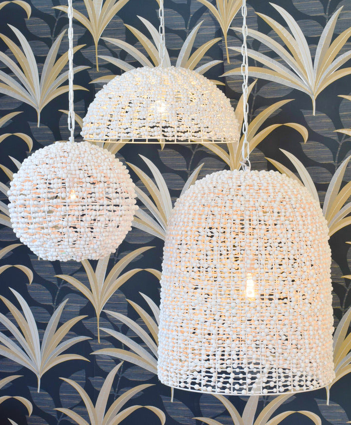 Elongated Dome Shaped Pendant Wrapped With Whitewash Wood Beads - ARLEIGH