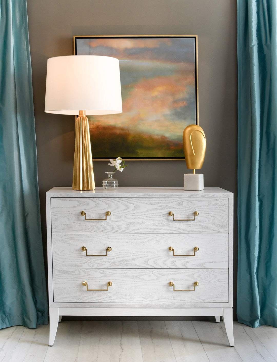 Sabre Leg 3 Drawer Chest With Brass Swing Handle In White Washed Oak - AVIS WWO