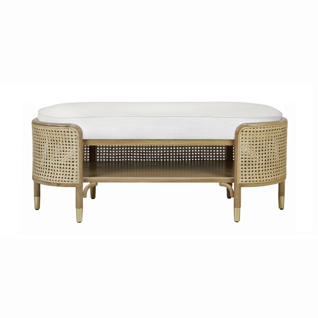 Oval Bench In Cerused Oak And Natural Cane With White Linen Cushion  - BEALE CO
