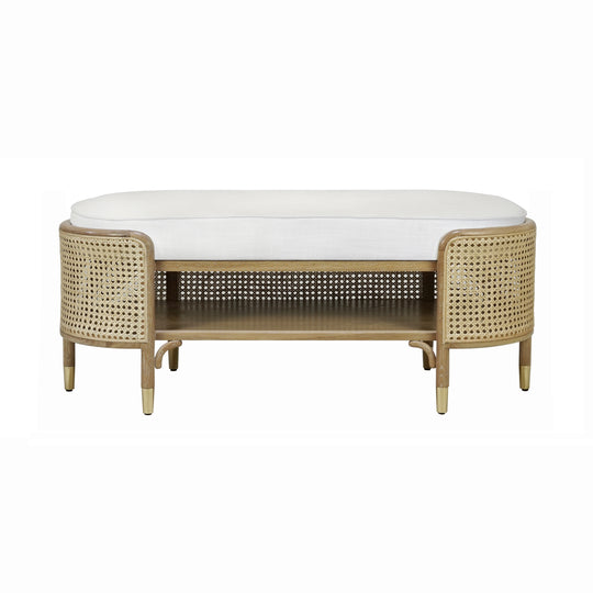 Oval Bench In Cerused Oak And Natural Cane With White Linen Cushion  - BEALE CO