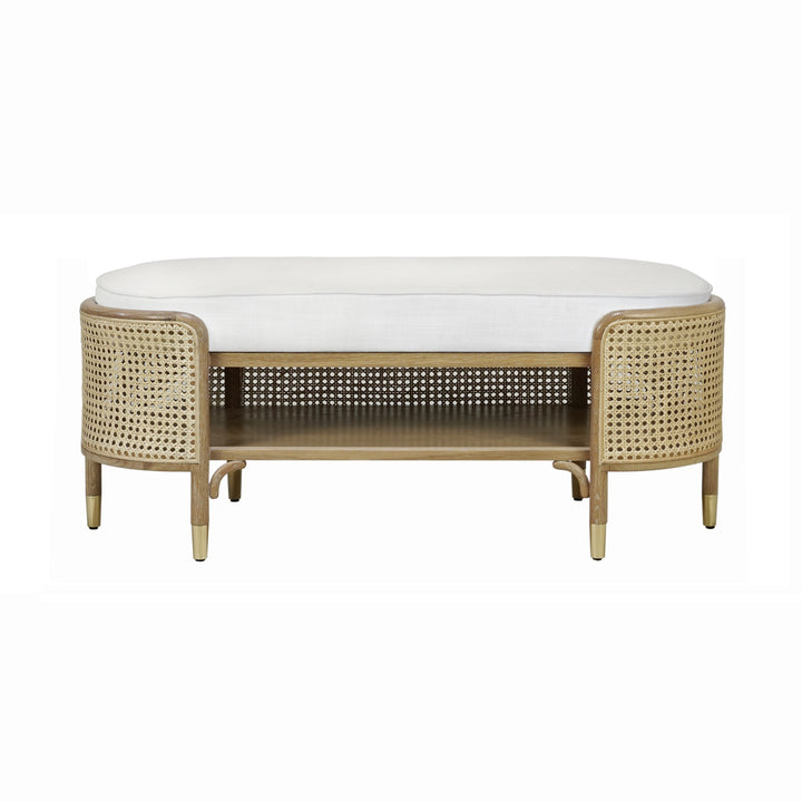 Oval Bench In Cerused Oak And Natural Cane With White Linen Cushion  - BEALE CO