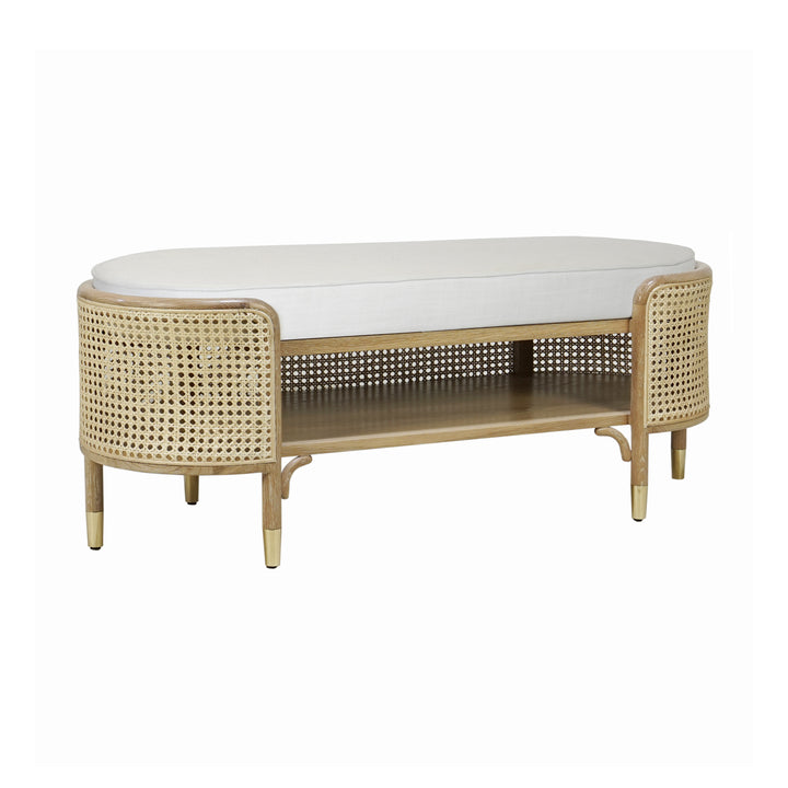 Oval Bench In Cerused Oak And Natural Cane With White Linen Cushion  - BEALE CO