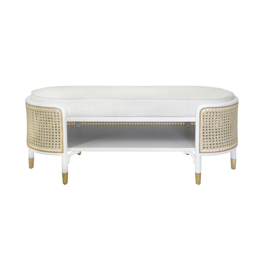 Oval Bench In Matte White And Natural Cane With White Linen Cushion  - BEALE WH