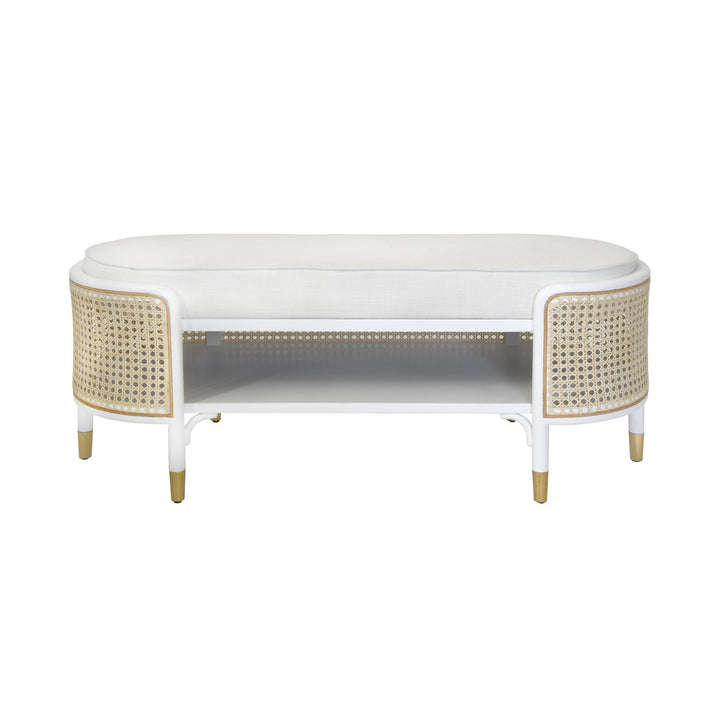 Oval Bench In Matte White And Natural Cane With White Linen Cushion  - BEALE WH