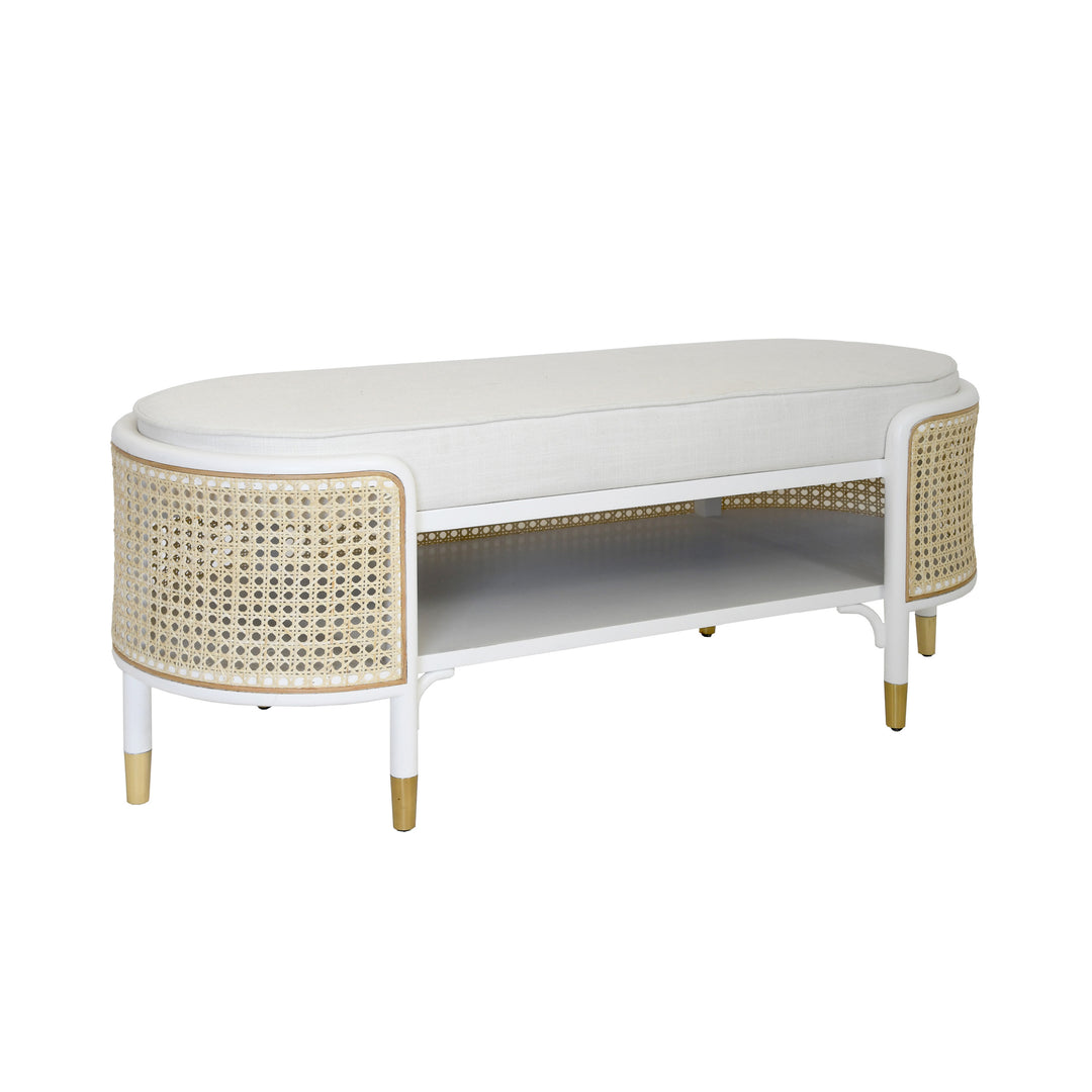 Oval Bench In Matte White And Natural Cane With White Linen Cushion  - BEALE WH