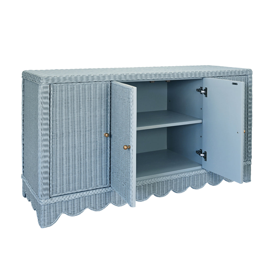 Four Door Buffet With Brass Hardware In Painted Light Blue Rattan - BEATRICE LB