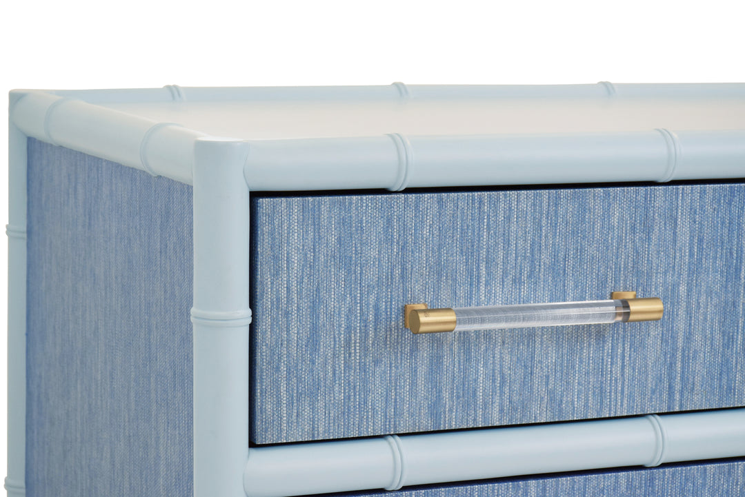 Four Drawer Chest With Bamboo Detail In Blue Dyed Grasscloth And Light Blue Matte Lacquer - BECKETT BL