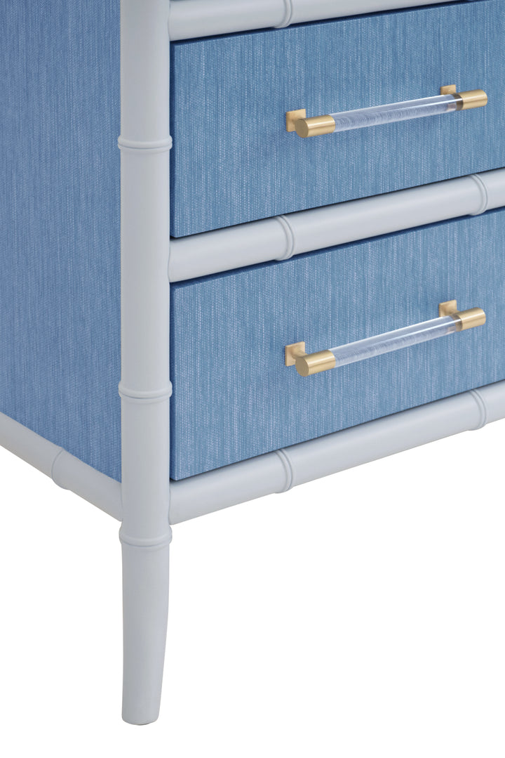Four Drawer Chest With Bamboo Detail In Blue Dyed Grasscloth And Light Blue Matte Lacquer - BECKETT BL