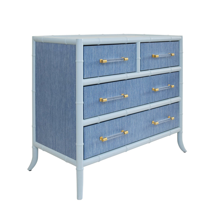 Four Drawer Chest With Bamboo Detail In Blue Dyed Grasscloth And Light Blue Matte Lacquer - BECKETT BL