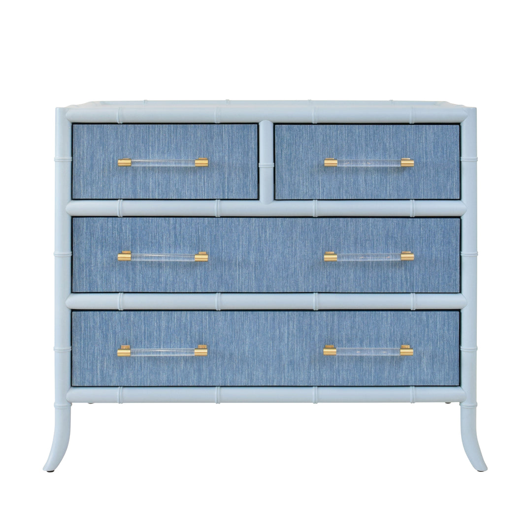 Four Drawer Chest With Bamboo Detail In Blue Dyed Grasscloth And Light Blue Matte Lacquer - BECKETT BL