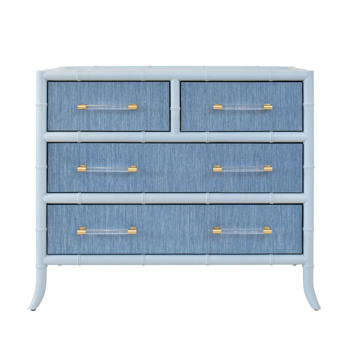 Four Drawer Chest With Bamboo Detail In Blue Dyed Grasscloth And Light Blue Matte Lacquer - BECKETT BL