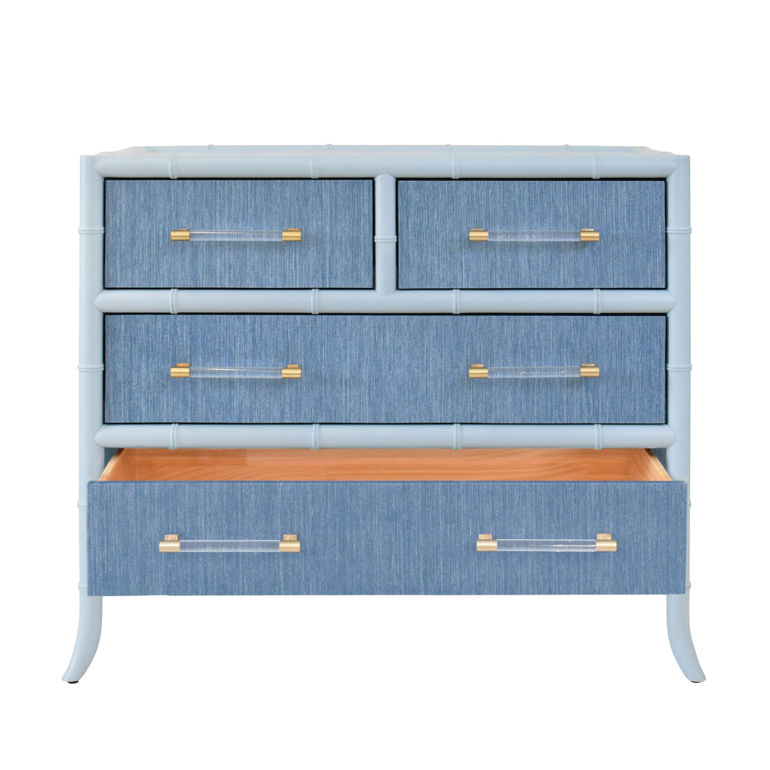 Four Drawer Chest With Bamboo Detail In Blue Dyed Grasscloth And Light Blue Matte Lacquer - BECKETT BL