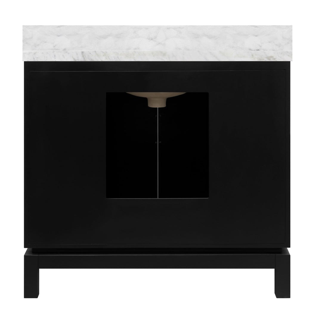 Bath Vanity In Matte Black Lacquer With Antique Brass Circle Hardware, White Marble Top, And Porcelain Sink - BIXBY BLK