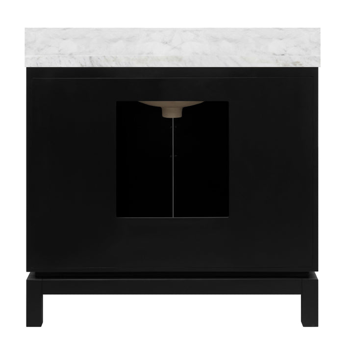 Bath Vanity In Matte Black Lacquer With Antique Brass Circle Hardware, White Marble Top, And Porcelain Sink - BIXBY BLK