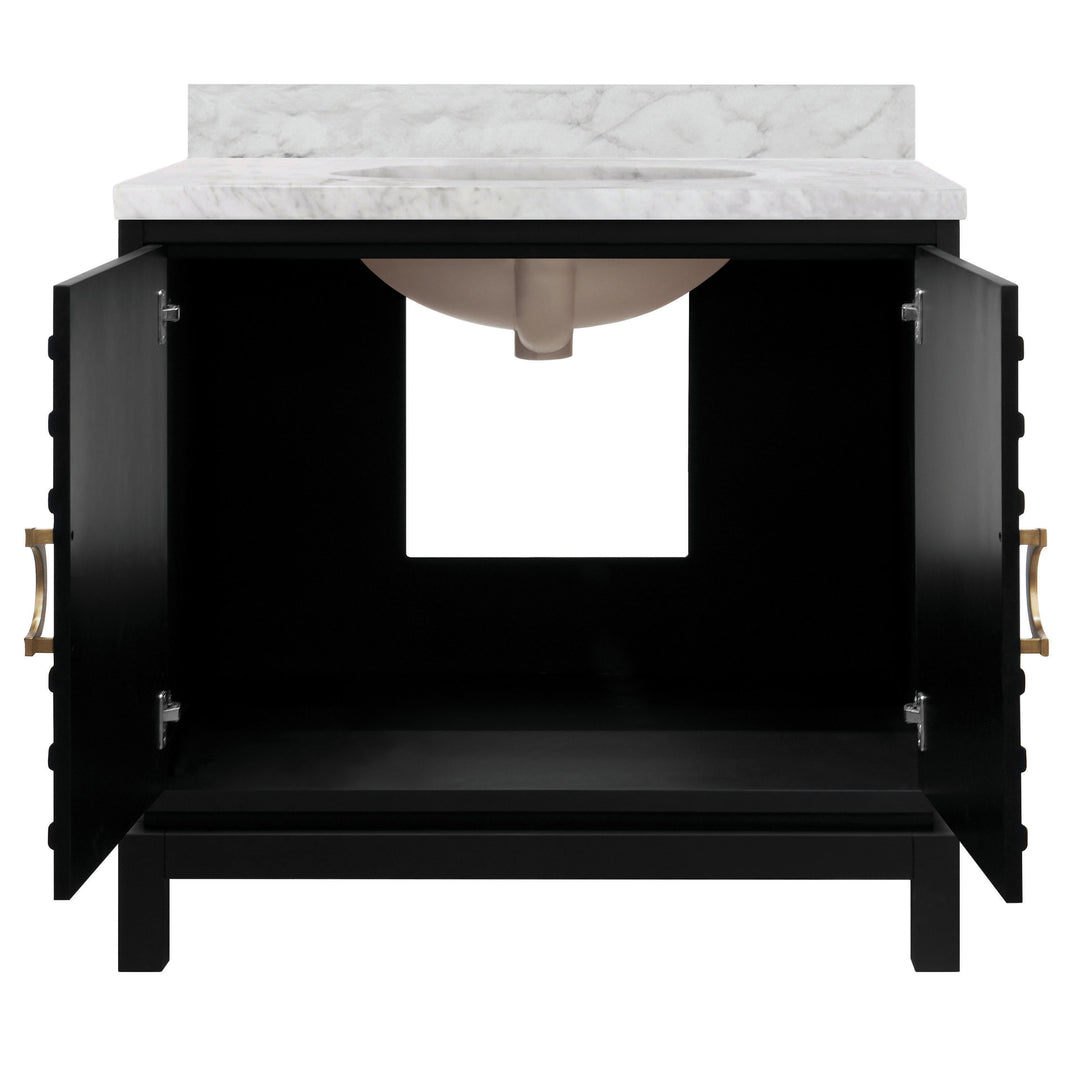 Bath Vanity In Matte Black Lacquer With Antique Brass Circle Hardware, White Marble Top, And Porcelain Sink - BIXBY BLK