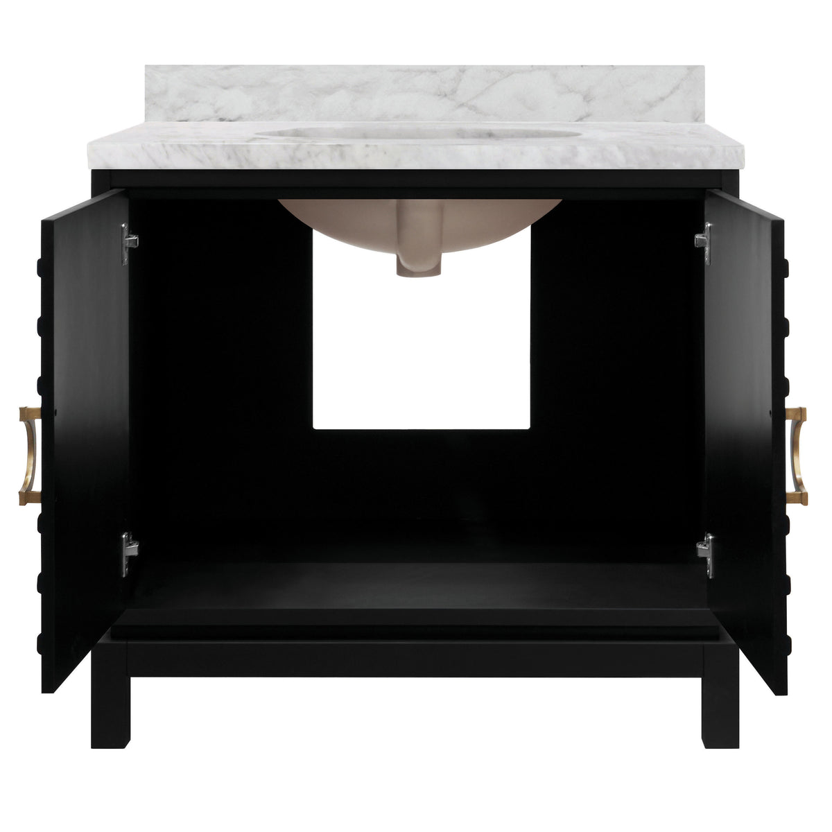 Bath Vanity In Matte Black Lacquer With Antique Brass Circle Hardware, White Marble Top, And Porcelain Sink - BIXBY BLK