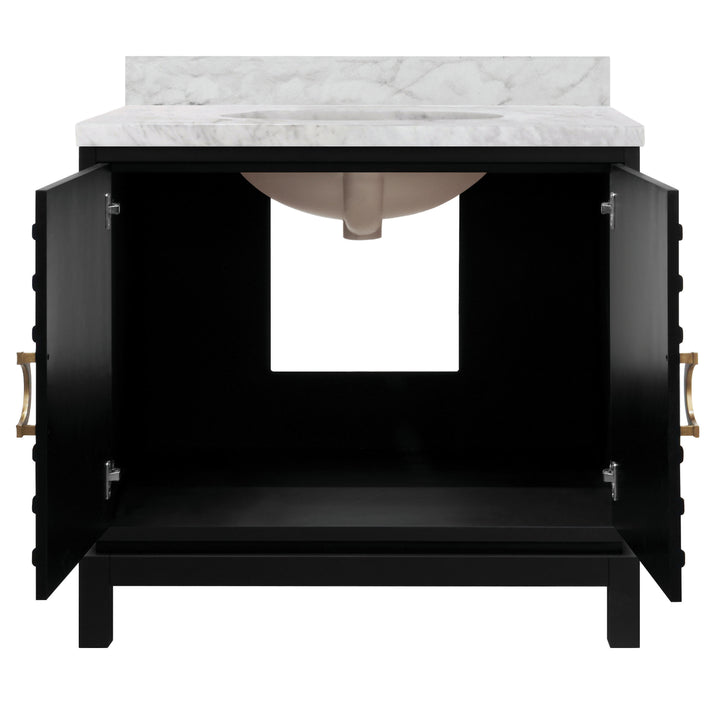 Bath Vanity In Matte Black Lacquer With Antique Brass Circle Hardware, White Marble Top, And Porcelain Sink - BIXBY BLK