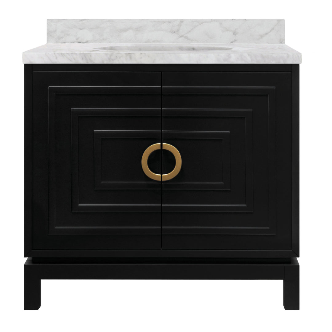 Bath Vanity In Matte Black Lacquer With Antique Brass Circle Hardware, White Marble Top, And Porcelain Sink - BIXBY BLK
