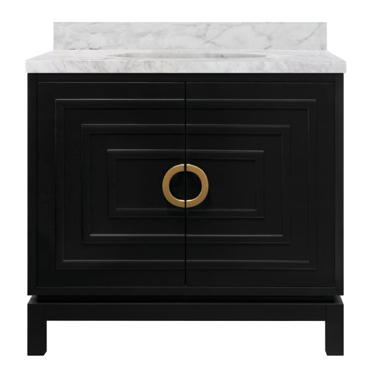 Bath Vanity In Matte Black Lacquer With Antique Brass Circle Hardware, White Marble Top, And Porcelain Sink - BIXBY BLK