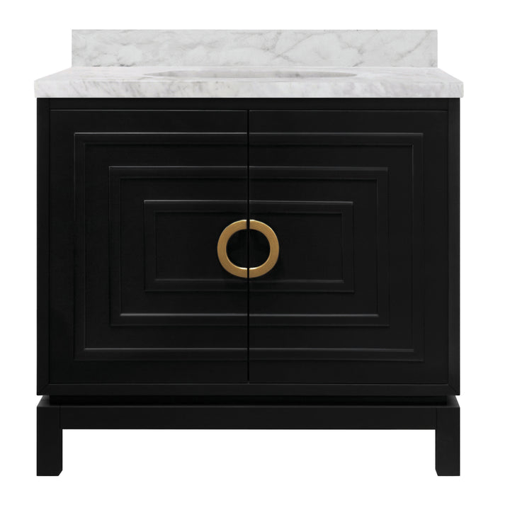 Bath Vanity In Matte Black Lacquer With Antique Brass Circle Hardware, White Marble Top, And Porcelain Sink - BIXBY BLK