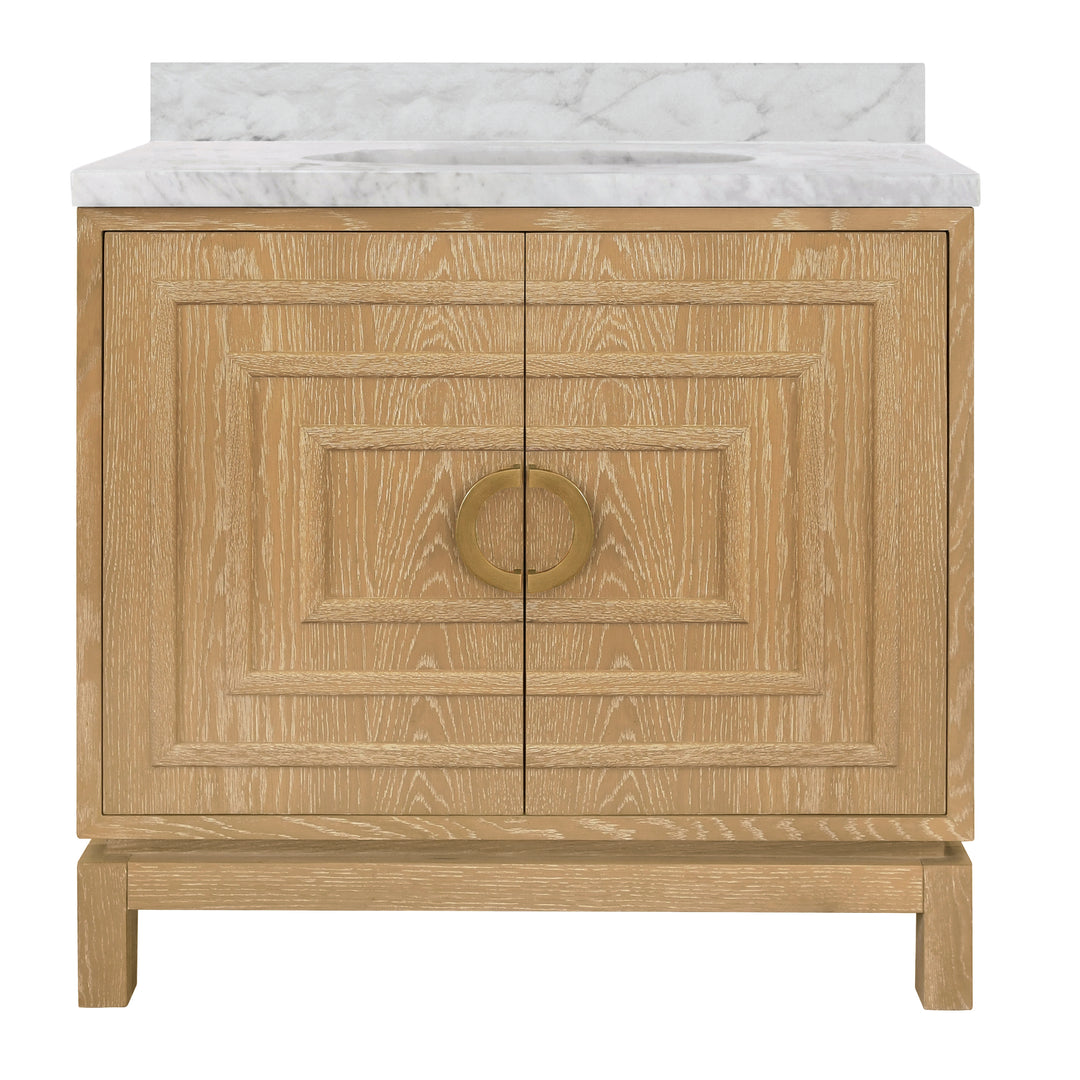 Bath Vanity In Cerused Oak With Antique Brass Circle Hardware, White Marble Top, And Porcelain Sink - BIXBY CO