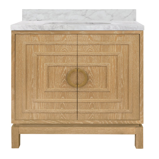 Bath Vanity In Cerused Oak With Antique Brass Circle Hardware, White Marble Top, And Porcelain Sink - BIXBY CO