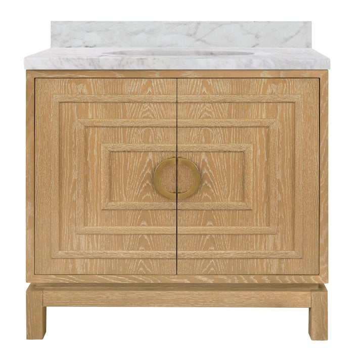 Bath Vanity In Cerused Oak With Antique Brass Circle Hardware, White Marble Top, And Porcelain Sink - BIXBY CO