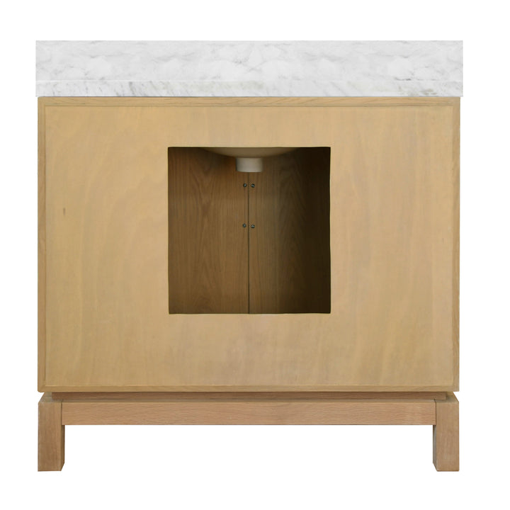 Bath Vanity In Cerused Oak With Antique Brass Circle Hardware, White Marble Top, And Porcelain Sink - BIXBY CO