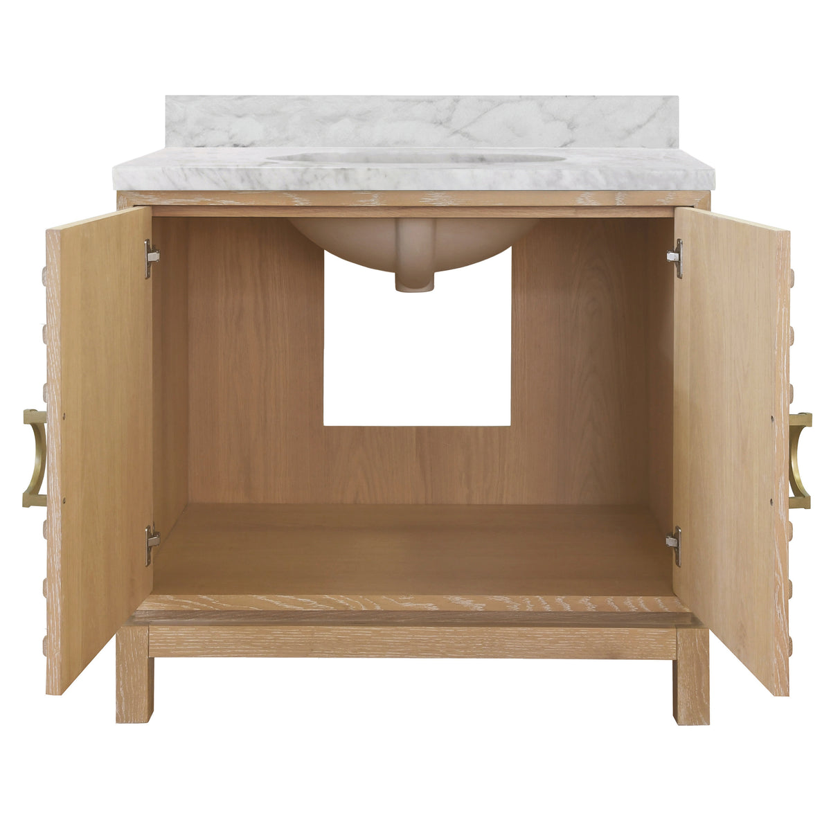 Bath Vanity In Cerused Oak With Antique Brass Circle Hardware, White Marble Top, And Porcelain Sink - BIXBY CO
