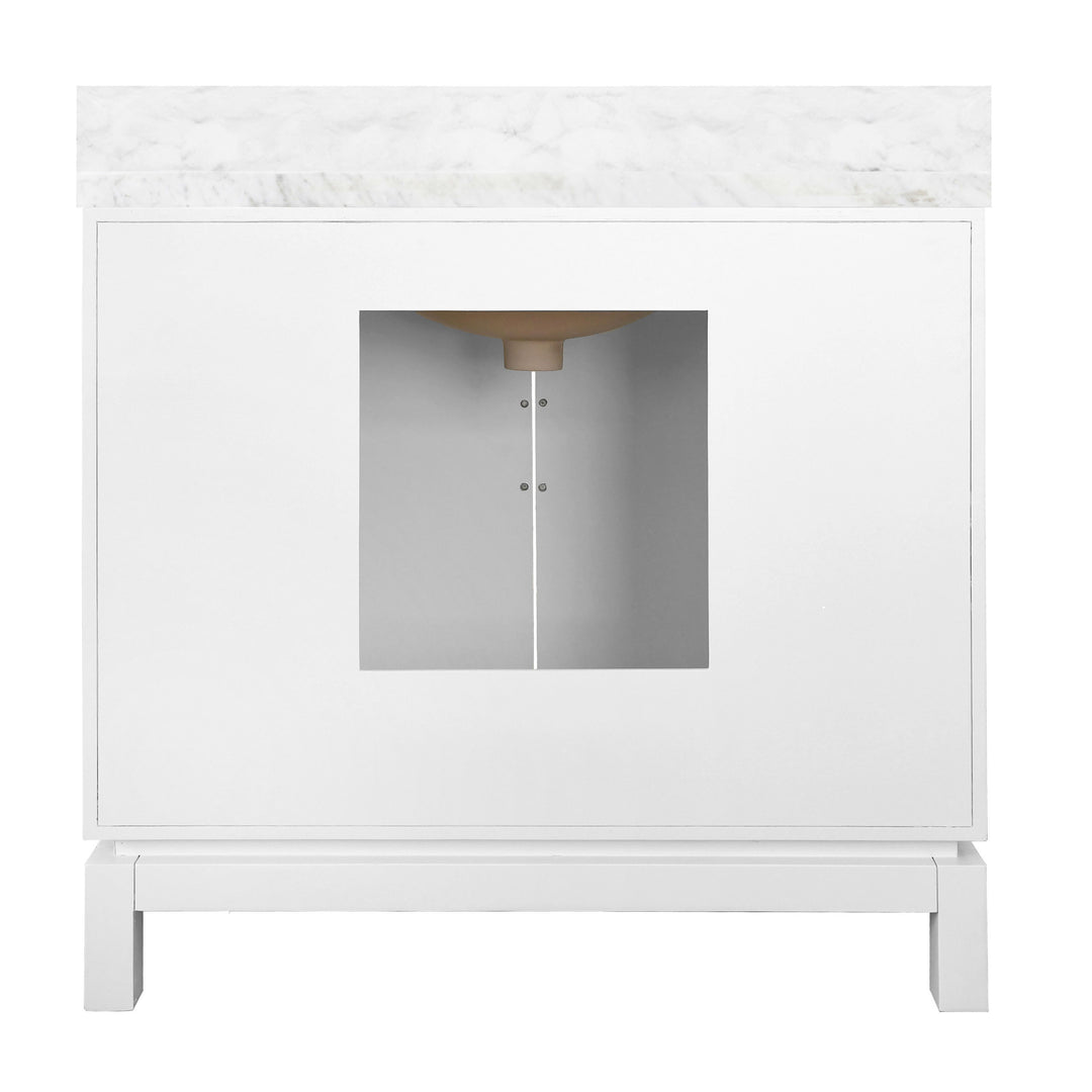 Bath Vanity In Matte White Lacquer With Antique Brass Circle Hardware, White Marble Top, And Porcelain Sink - BIXBY WH