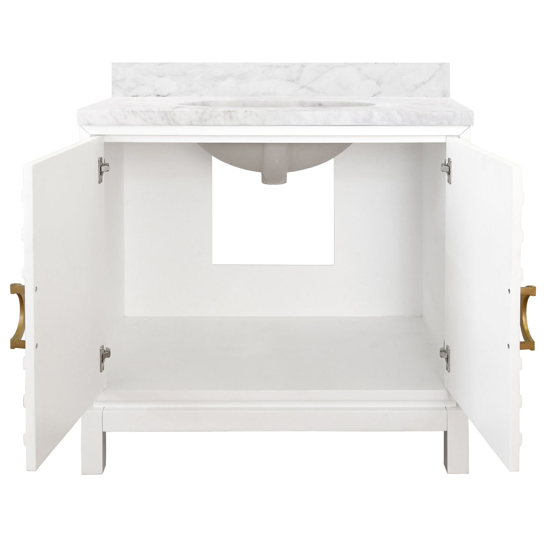 Bath Vanity In Matte White Lacquer With Antique Brass Circle Hardware, White Marble Top, And Porcelain Sink - BIXBY WH