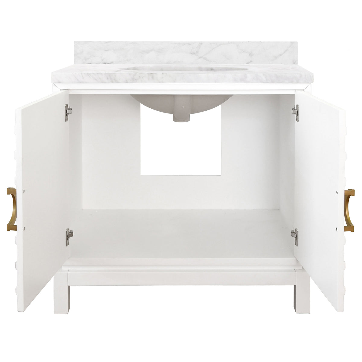 Bath Vanity In Matte White Lacquer With Antique Brass Circle Hardware, White Marble Top, And Porcelain Sink - BIXBY WH