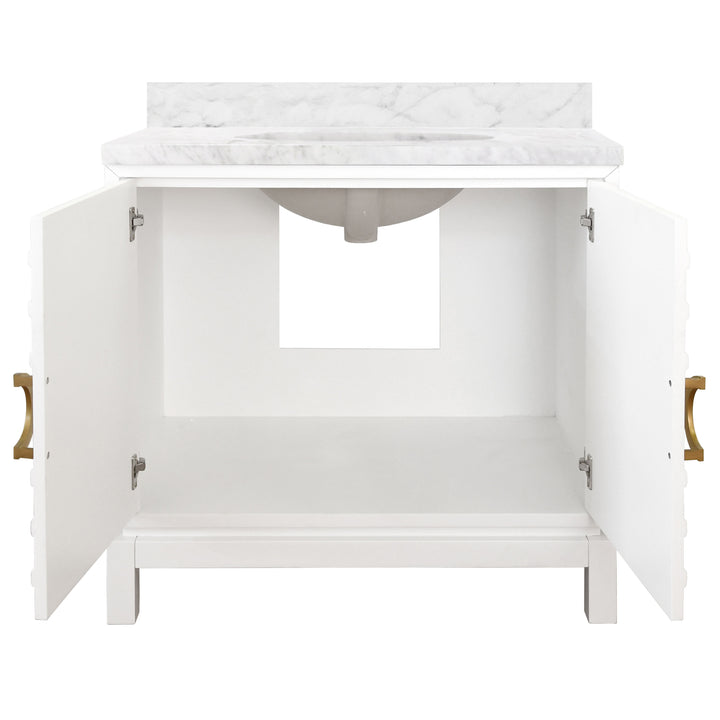 Bath Vanity In Matte White Lacquer With Antique Brass Circle Hardware, White Marble Top, And Porcelain Sink - BIXBY WH