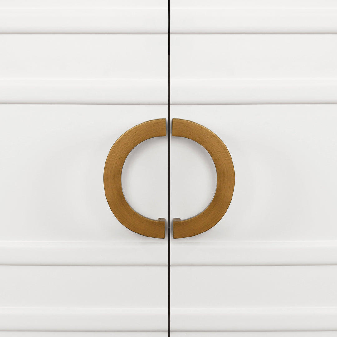 Bath Vanity In Matte White Lacquer With Antique Brass Circle Hardware, White Marble Top, And Porcelain Sink - BIXBY WH