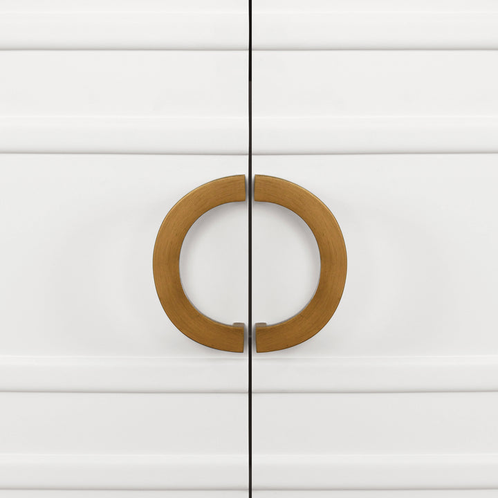 Bath Vanity In Matte White Lacquer With Antique Brass Circle Hardware, White Marble Top, And Porcelain Sink - BIXBY WH