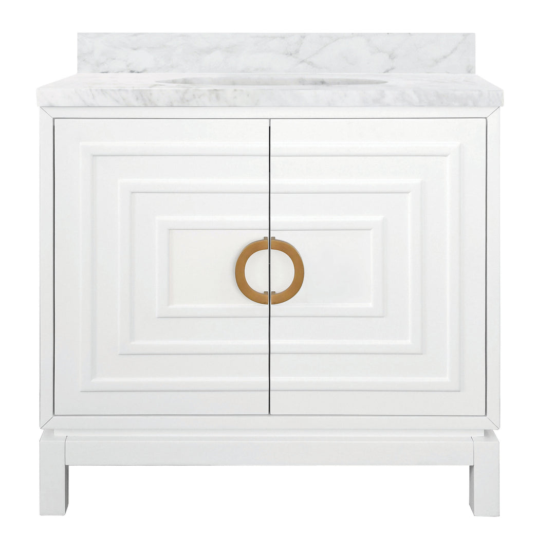 Bath Vanity In Matte White Lacquer With Antique Brass Circle Hardware, White Marble Top, And Porcelain Sink - BIXBY WH