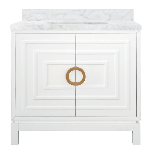 Bath Vanity In Matte White Lacquer With Antique Brass Circle Hardware, White Marble Top, And Porcelain Sink - BIXBY WH