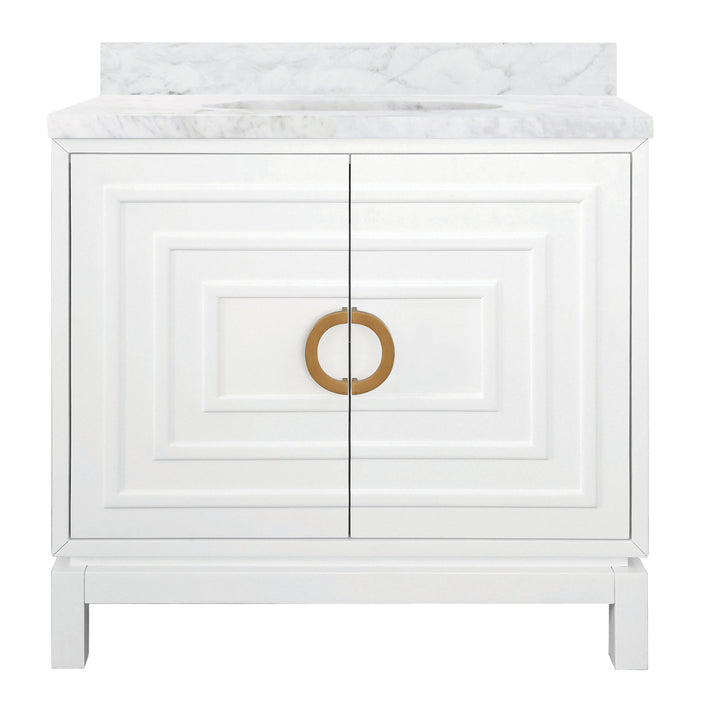 Bath Vanity In Matte White Lacquer With Antique Brass Circle Hardware, White Marble Top, And Porcelain Sink - BIXBY WH