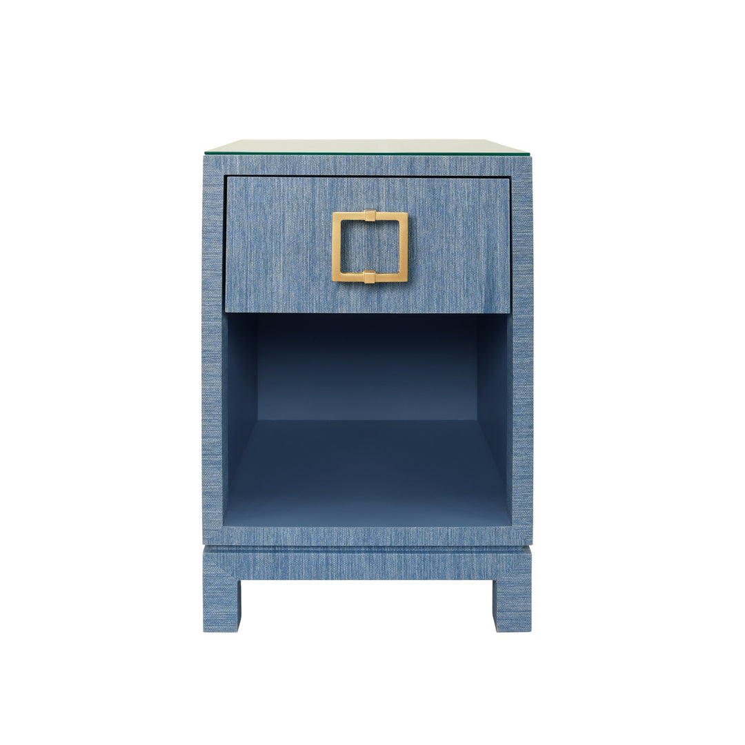 One Drawer Side Table With Large Brass Square Hardware In Blue Dyed Grasscloth With Glass Top - BLAIR BL