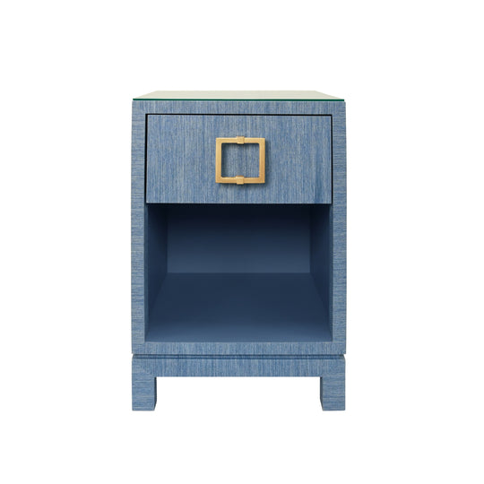 One Drawer Side Table With Large Brass Square Hardware In Blue Dyed Grasscloth With Glass Top - BLAIR BL