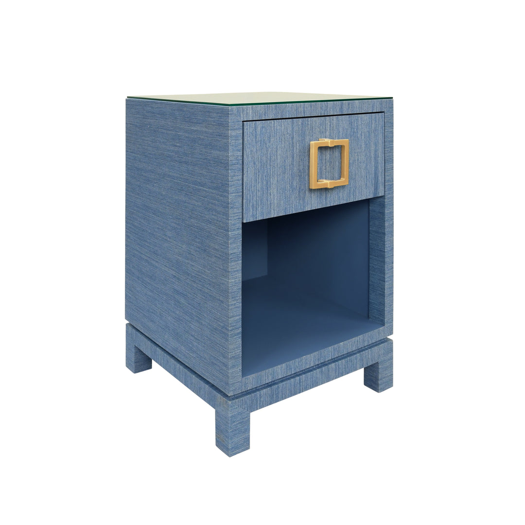 One Drawer Side Table With Large Brass Square Hardware In Blue Dyed Grasscloth With Glass Top - BLAIR BL