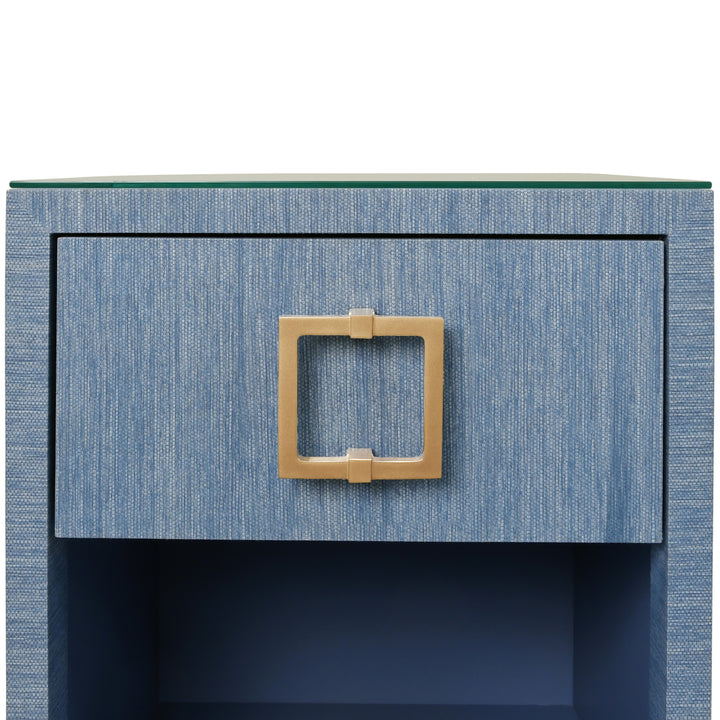 One Drawer Side Table With Large Brass Square Hardware In Blue Dyed Grasscloth With Glass Top - BLAIR BL